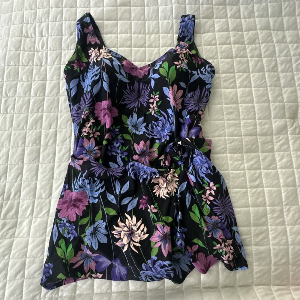 Coldwater Creek Swim Dress Womens 24W Black Floral Shape Me One Piece Beach